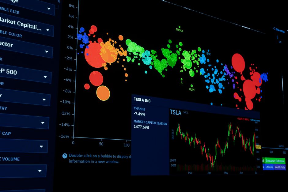 2026년 7월 6일 한국 금융시장 동향 — Colorful data visualization of stock market trends with financial charts.