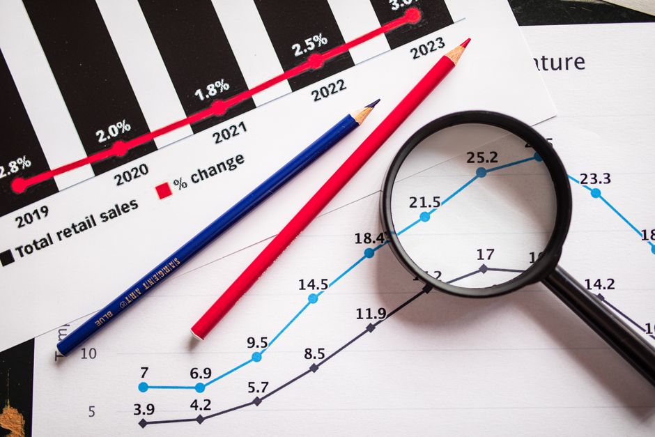 한국 금융시장 동향 — 2026년 9월 8일(화) — Magnifying glass and colored pencils on financial trend graphs highlighting sales growth.