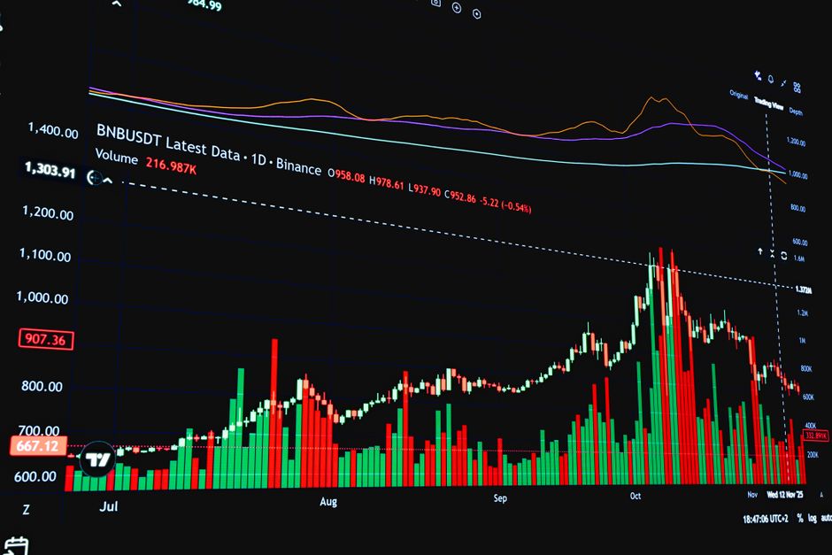한국 금융시장 동향 — 2026년 9월 30일(수) — Close-up of a cryptocurrency market graph focusing on BNB price and volume trends over time.