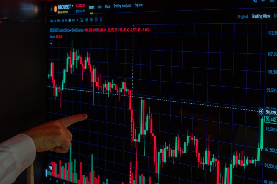 한국 금융시장 동향 — 2026년 10월 2일(금) — Close-up of a finger pointing at a Bitcoin price graph on a digital trading screen.